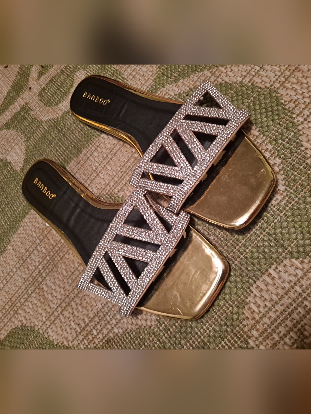 Bamboo Rhinestone Gold Flat Slide Sandals - Women's